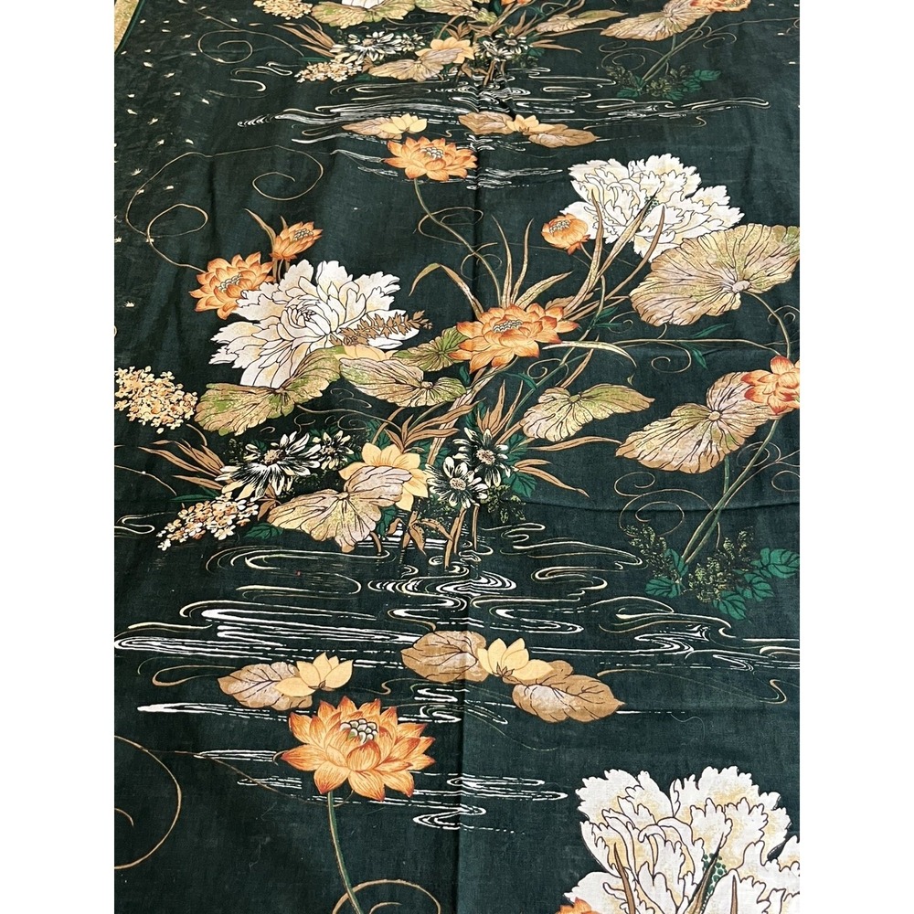 Vintage Alan J Naness Original Lotus Floral Fabric Panel Green Orange 1980s